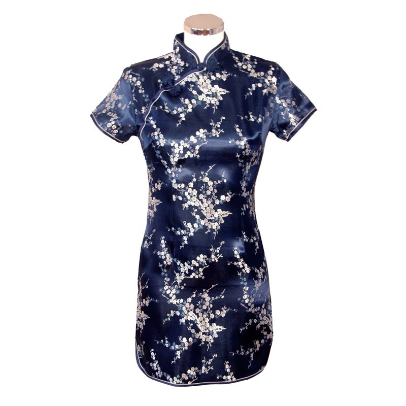 Chinese jurk kort blauw zilver blossom