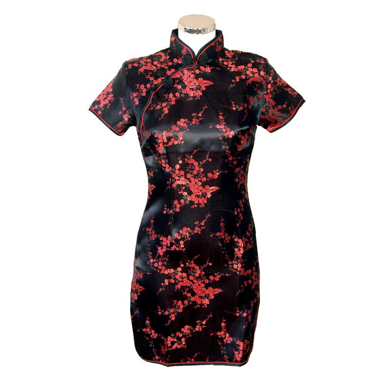 Chinese jurk kort zwart rood blossom